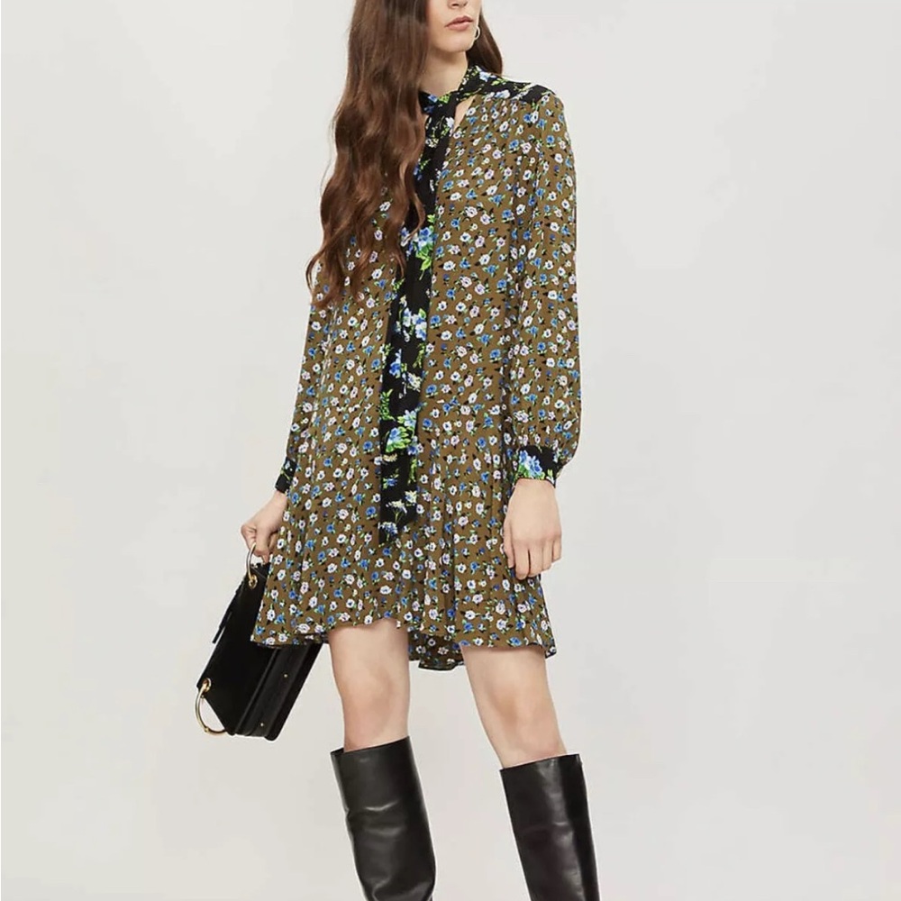 Sandro Floral Long Sleeve Tie Neck Green Dress Size 38 (US S)